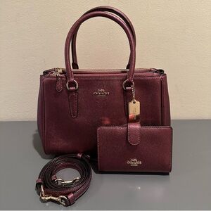 Coach Metalic Wine Mini Surrey caryall with matching wallet Style F67247